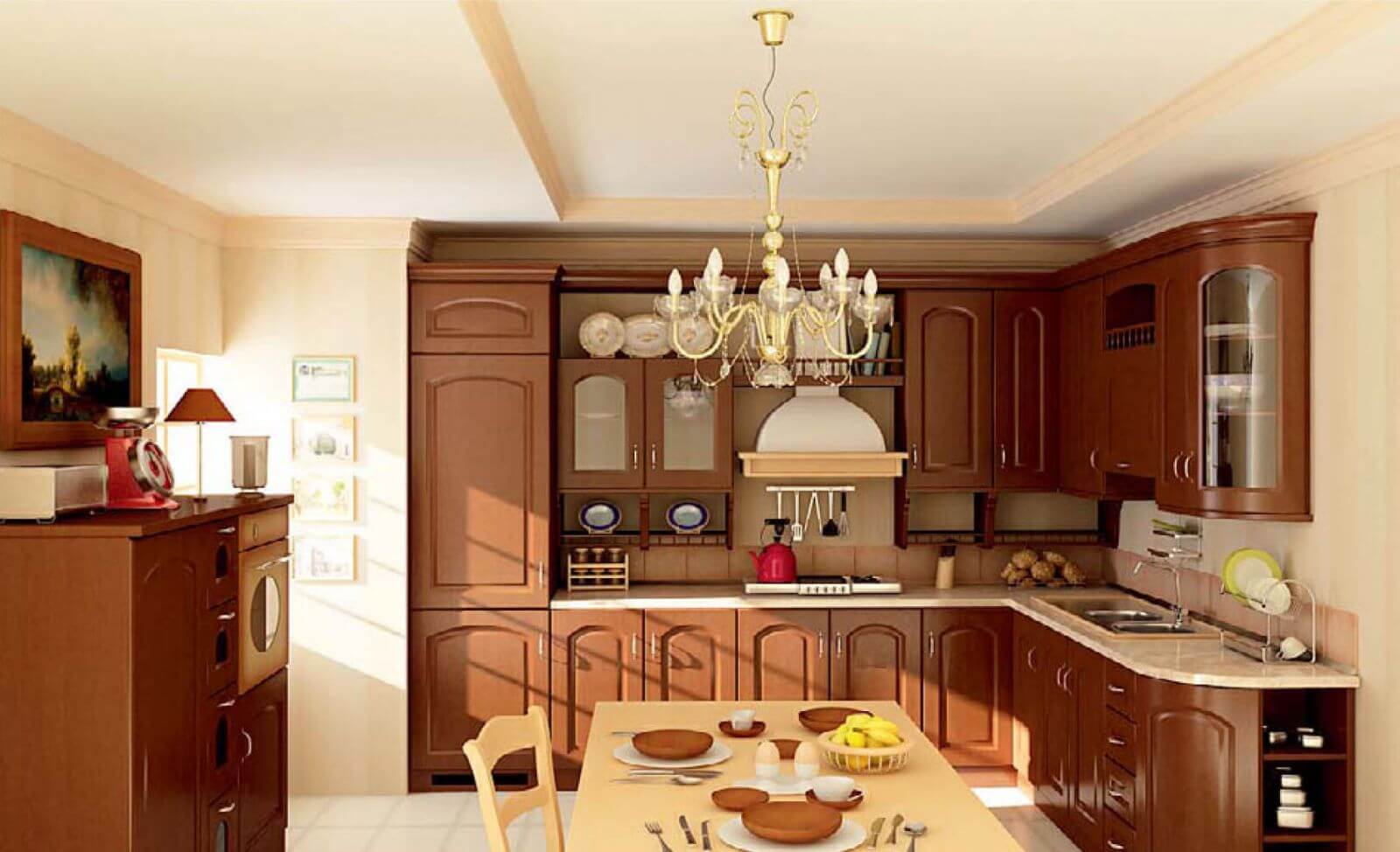 Thiết kế tủ bếp cổ điển sang trọng cho phòng bếp ăn của biệt thự Pháp