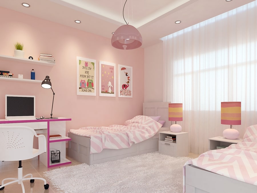 Sự kết hợp giữa màu hồng và màu trắng sẽ làm cho phòng ngủ của con gái trở nên tràn đầy sức sống và đáng yêu. Tạo nên một không gian giúp bé yêu đời hơn và tạo động lực cho việc học tập.