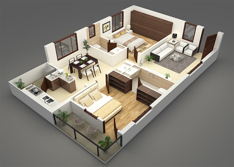 thiết kế căn hộ chung cư 54m2 cấp 3