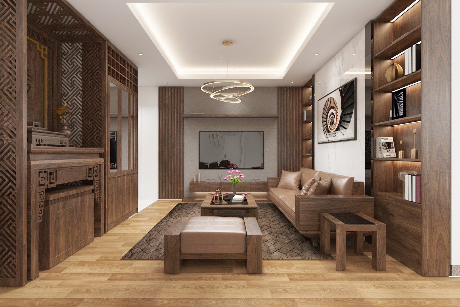 thiết kế nội thất chung cư gỗ óc chó